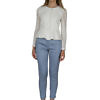 Women's Lace Top in off-white | cotton trousers in dove blue