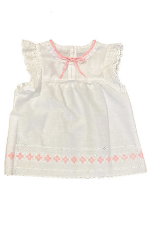 white cotton blouse for girls with pink flowers and ruches ELISABETTA