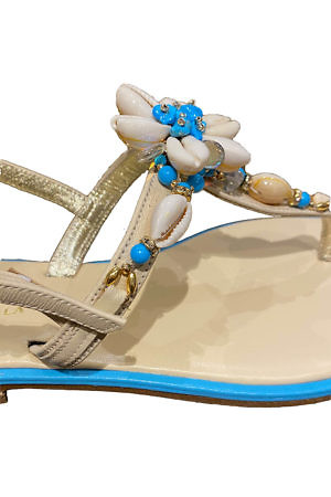 PAOLA FIORENZA turquoise and beige Capri sandals with a flower made of ...