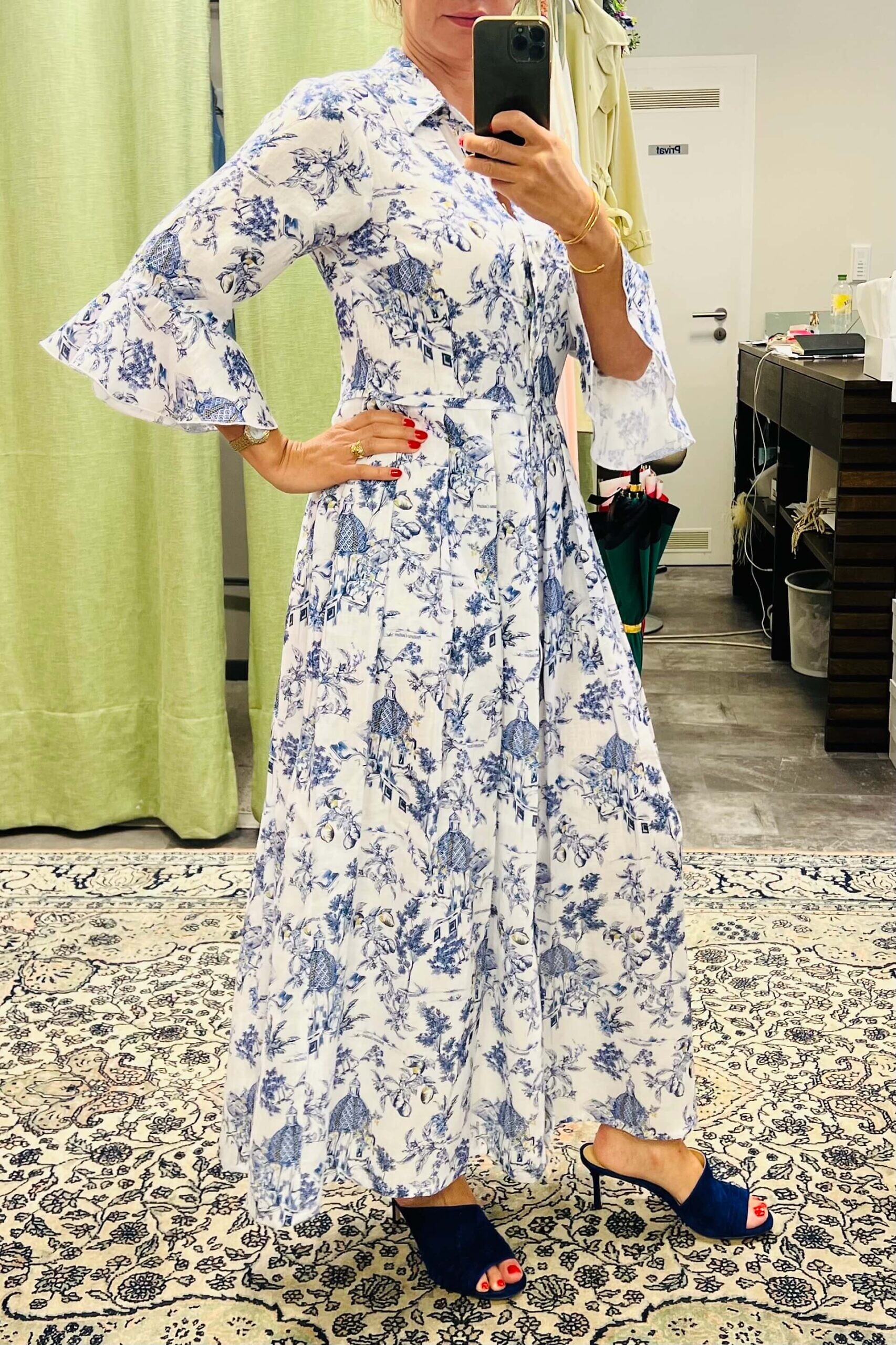 BLITZ POSITANO | maxi dress ALIMINI in blue and white floral printed linen fabric