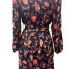 black and orange silk dress in floral crêpe de chine with 3/4-sleeves, V-neck a belted waist ANAIS