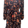 black and orange silk dress in floral crêpe de chine with 3/4-sleeves, V-neck a belted waist ANAIS