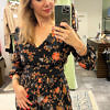 black and orange silk midi dress in floral crêpe de chine with 3/4-sleeves, V-neck a belted waist ANABELLE