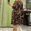 black and orange silk midi dress in floral crêpe de chine with 3/4-sleeves, V-neck a belted waist ANABELLE