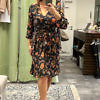 black and orange silk midi dress in floral crêpe de chine with 3/4-sleeves, V-neck a belted waist ANABELLE