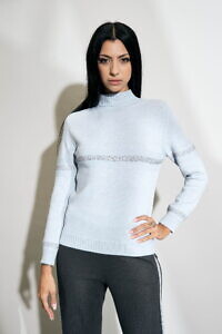 CINZIACALDI | warm light blue sweater in merino knit with a silver lurex details, long arms and turtle neck