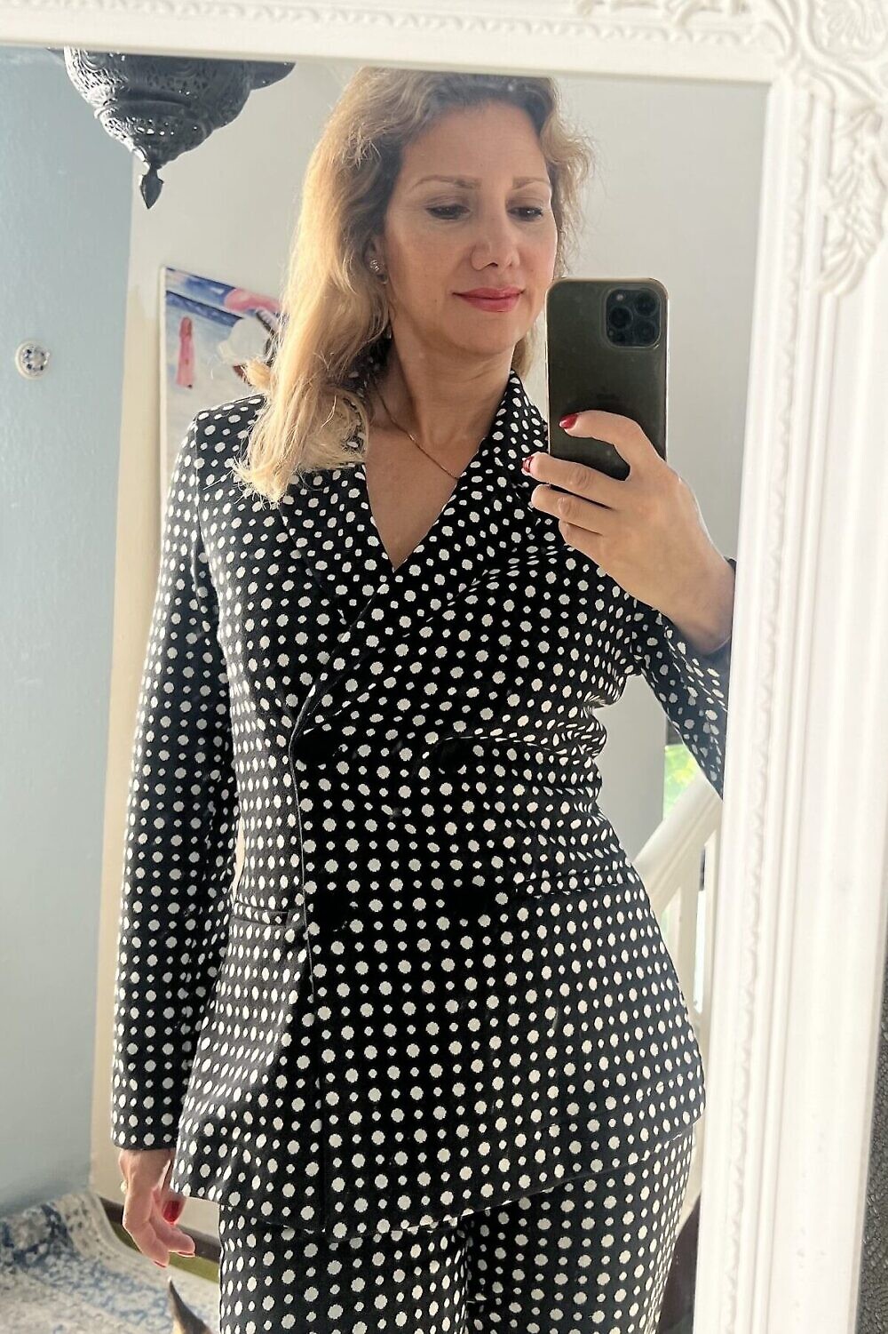 THE ABITO Milano | double breasted long blazer with in black and white polka dot printed jacquard