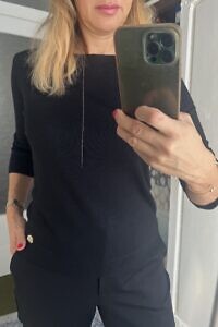 CINZIA CALDI | black 100% merino round neck sweater with 3/4 sleeves and silver chain