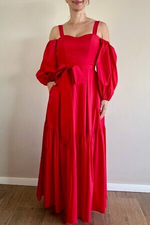 RALUCA MIHALCEANU flame red Carmen puffy dress with shoulder straps, voluminous off-the-shoulder sleevested and maxi length