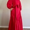 RALUCA MIHALCEANU flame red Carmen puffy dress with shoulder straps, voluminous off-the-shoulder sleevested and maxi length