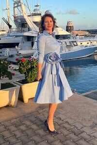 RALUCA MIHALCEANU light blue shirt dress in midi length with tie belt and detachable rose accessory