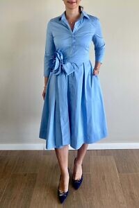 RALUCA MIHALCEANU light blue shirt dress in midi length with tie belt and detachable rose accessory