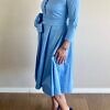 RALUCA MIHALCEANU light blue shirt dress in midi length with tie belt and detachable rose accessory