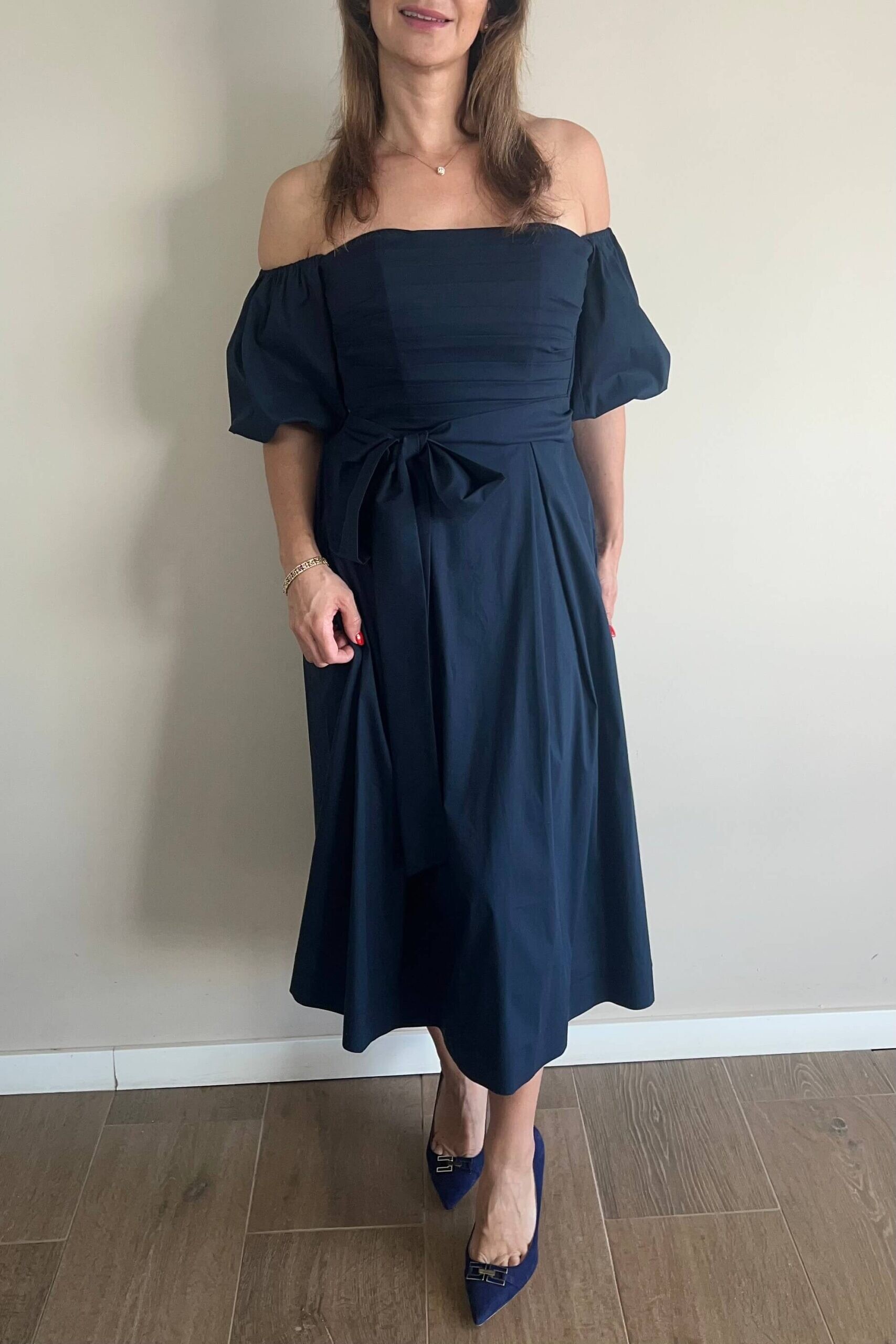 RALUCA MIHALCEANU midnight blue Carmen puffy dress with voluminous off-the-shoulder sleevested and pleated top