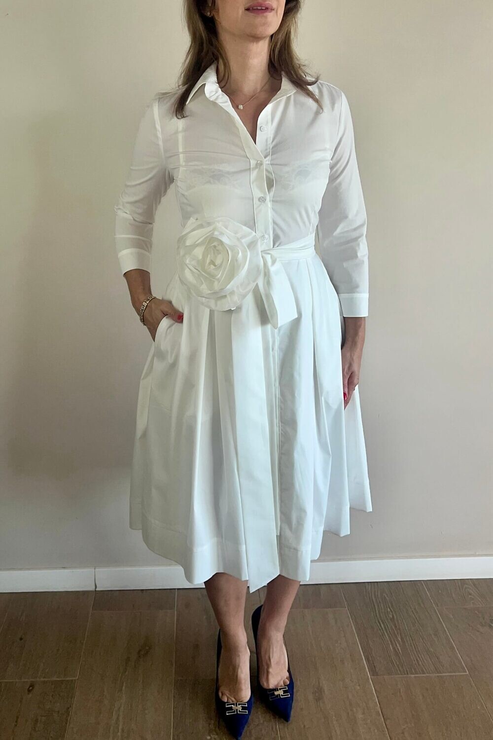 RALUCA MIHALCEANU white shirt dress in midi length with tie belt