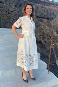 RALUCA MIHALCEANU white midi shirtwaist dress in burnout lace fabric