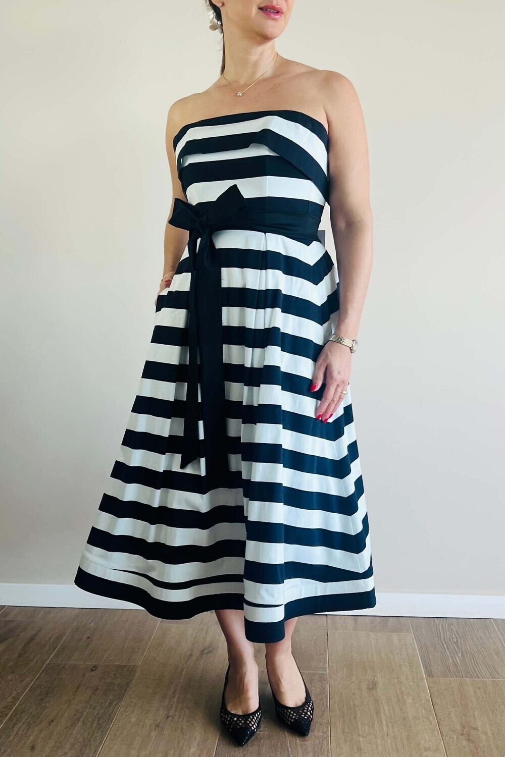 RALUCA MIHALCEANU black and white striped strapless cocktail dress in midi length