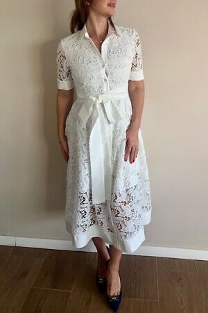 RALUCA MIHALCEANU white midi shirtwaist dress in burnout lace fabric