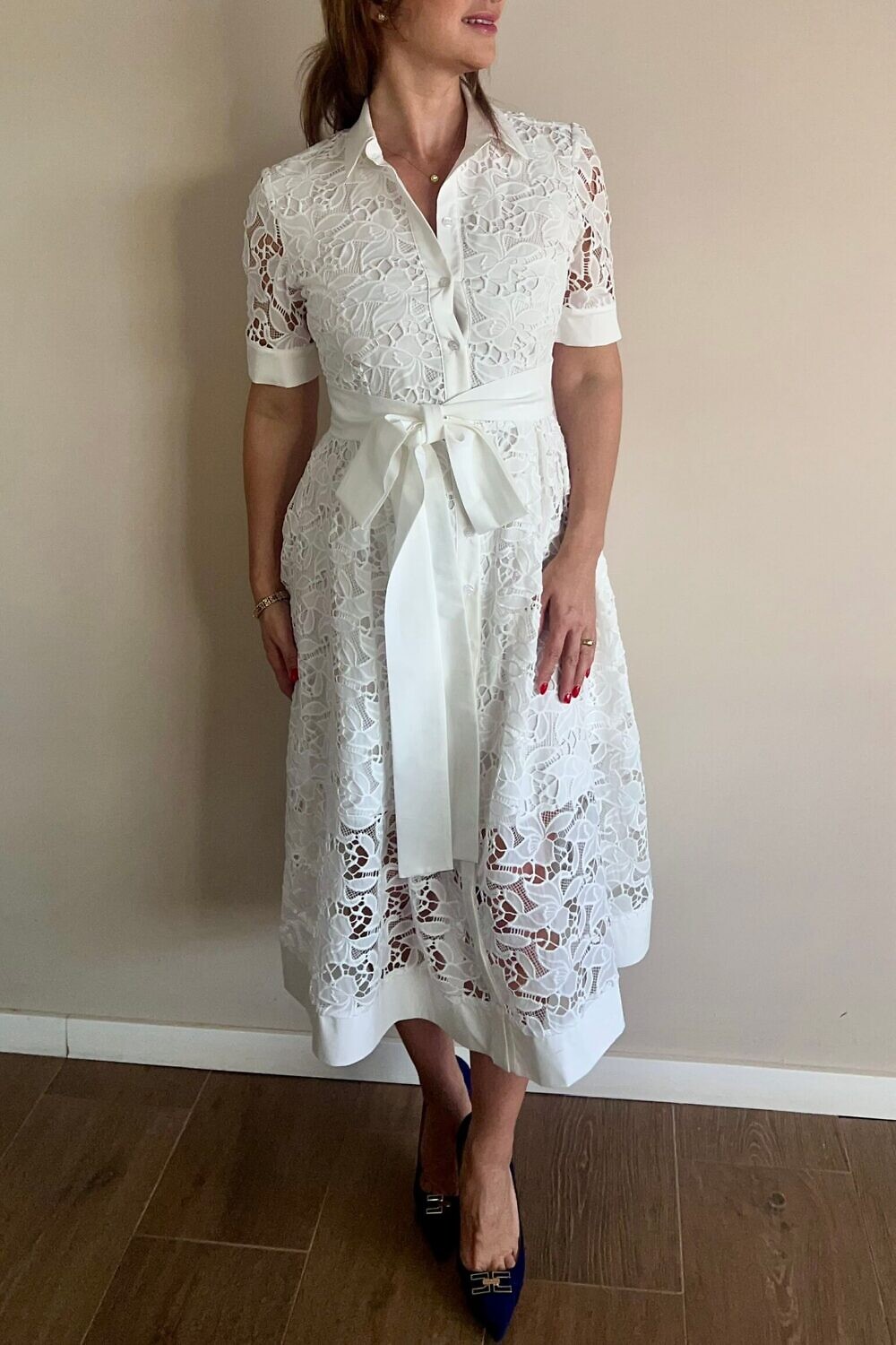 RALUCA MIHALCEANU white midi shirtwaist dress in burnout lace fabric