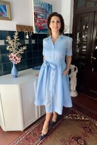 RALUCA MIHALCEANU light blue shirt maxi dress made of Italian ramie with tie belt and underdress