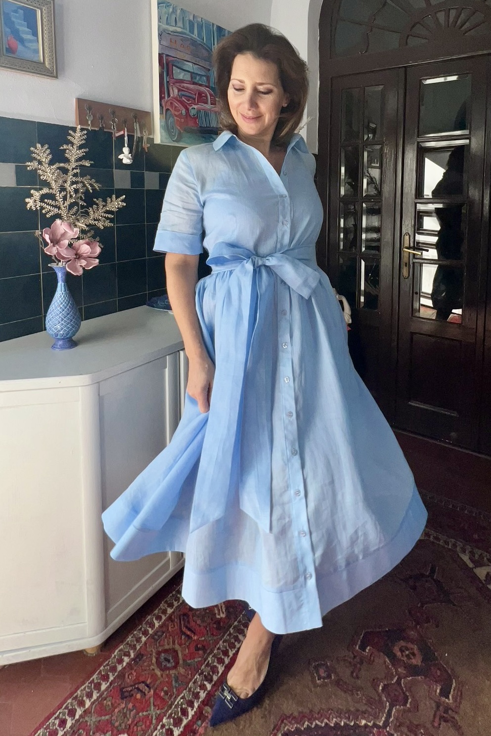 RALUCA MIHALCEANU light blue shirt maxi dress made of Italian ramie with tie belt and underdress