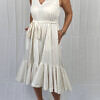 RALUCA MIHALCEANU white cotton dress in midi length with ruffles and tie belt