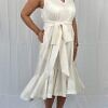 RALUCA MIHALCEANU white cotton dress in midi length with ruffles and tie belt