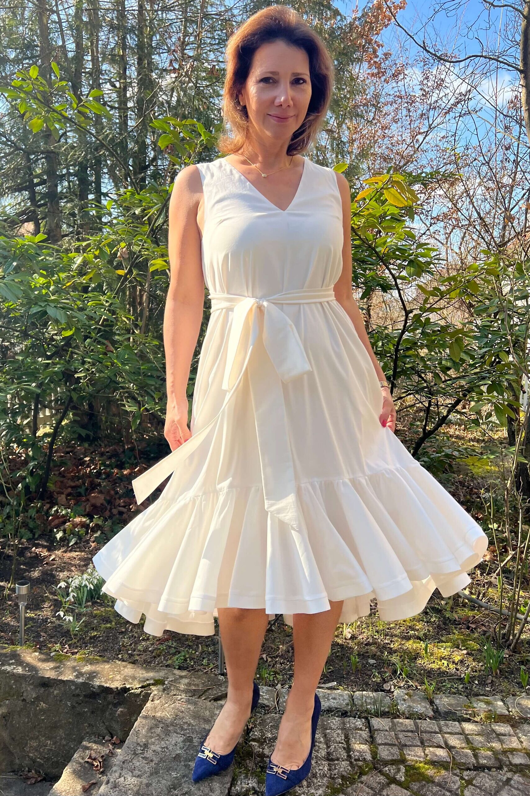 RALUCA MIHALCEANU white cotton dress in midi length with ruffles and tie belt